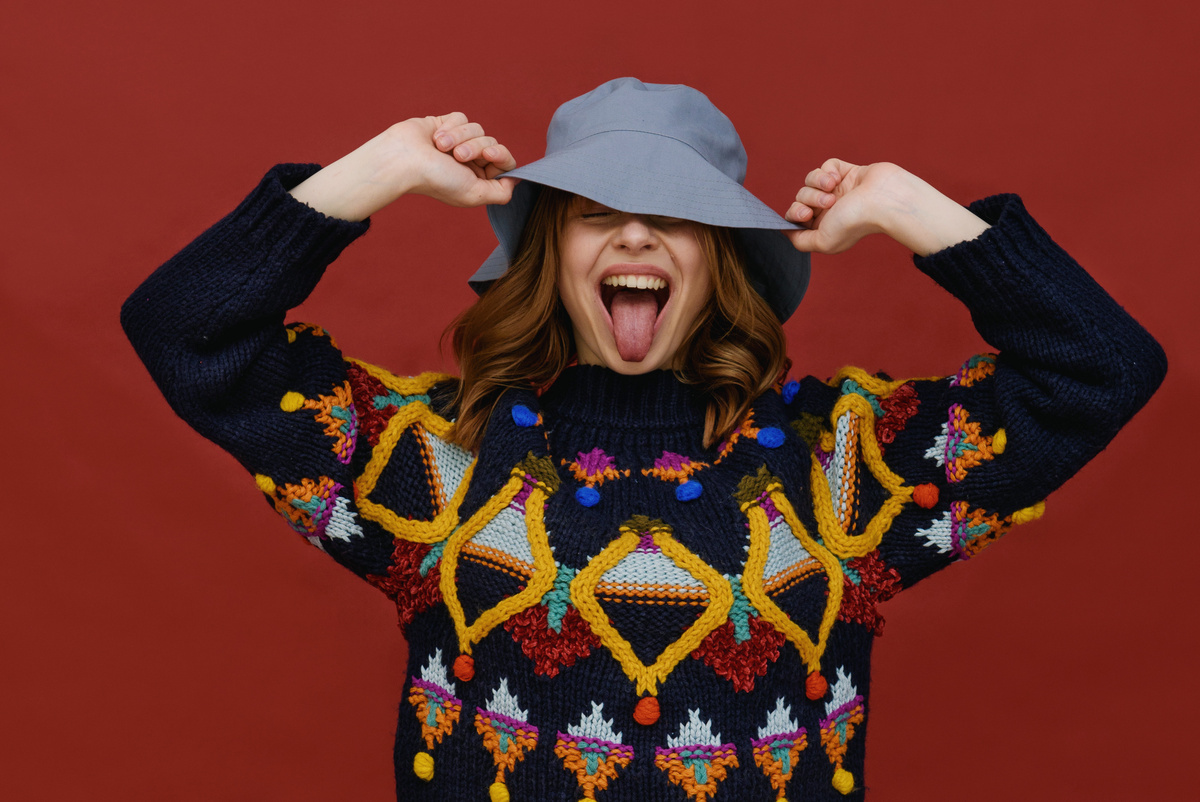 Woman in Bright Knitted Sweater